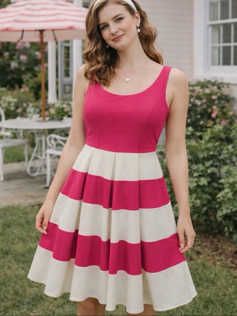 kate spade Hot Pink and Cream Striped Sleeveless Fit-and-Flare Dress